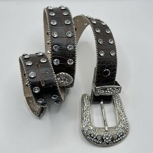 Rhinestone Studded Leather Belt Large Big Buckle Western Rodeo Glam Festival